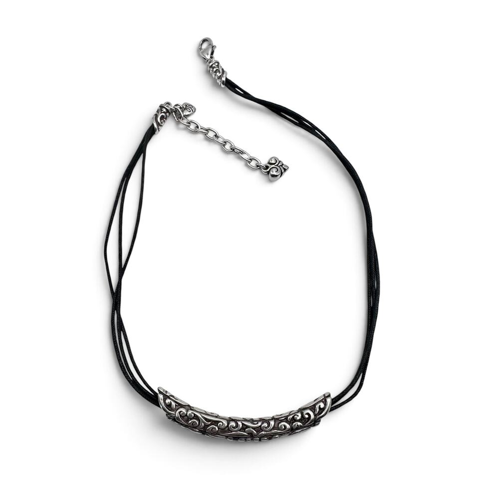 Brighton Contempo Bar Necklace Black Cord Silver Plated Scrollwork 15-17"
